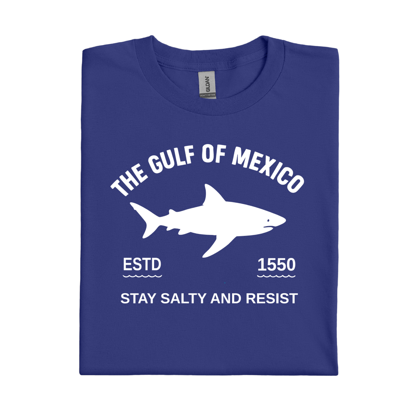 Cobalt Blue t-shirt with white shark graphic and text on a white background