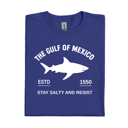 Cobalt Blue t-shirt with white shark graphic and text on a white background