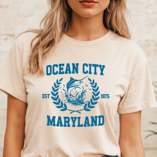 Person wearing a t-shirt with 'Ocean City, Maryland' design
