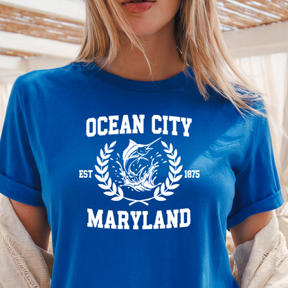 Person wearing a royal blue t-shirt with 'Ocean City, Maryland' printed on it.