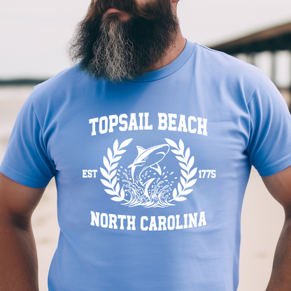 Person wearing a Carolina blue t-shirt with 'Topsail Beach, North Carolina' design.