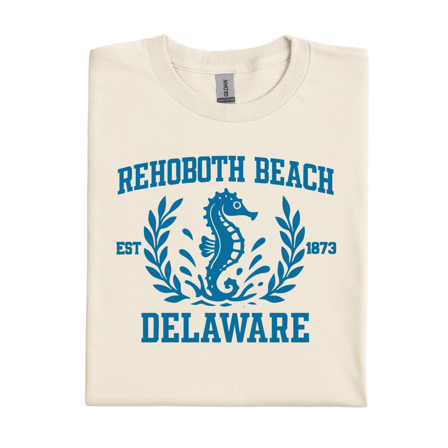 Natural t-shirt with blue 'Rehoboth Beach, Delaware' design featuring a seahorse.