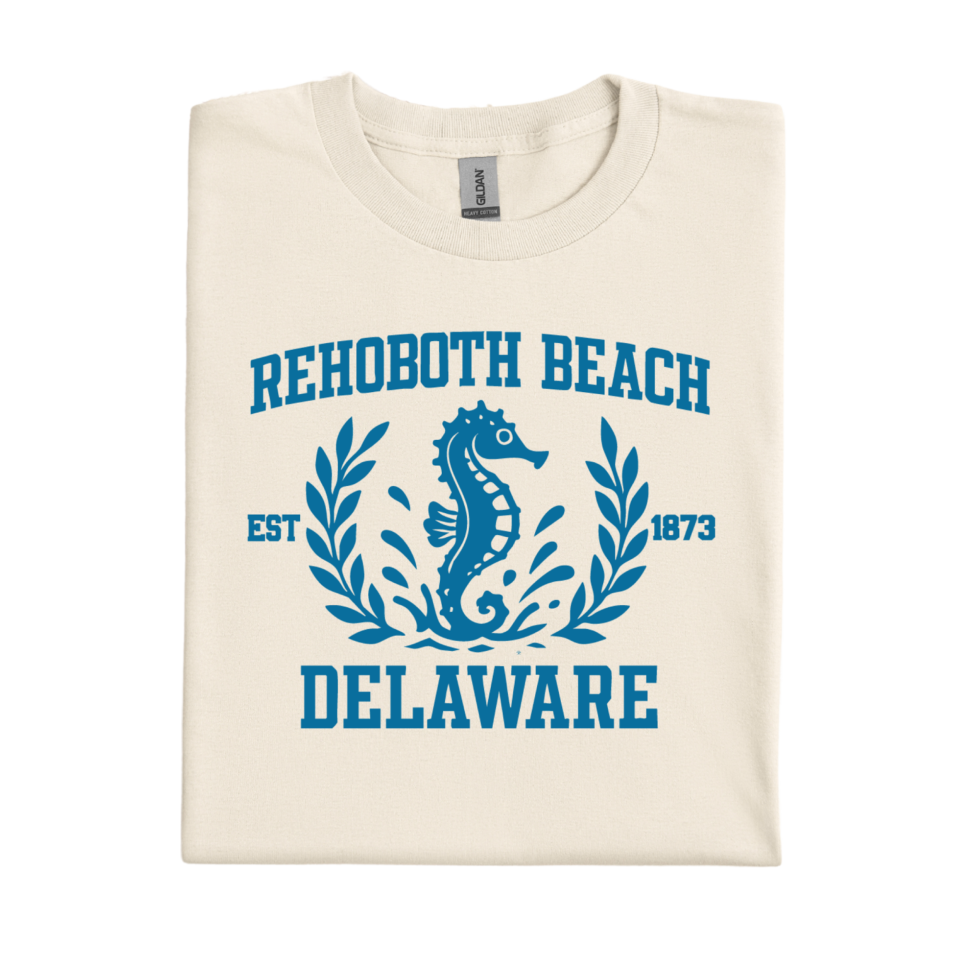 Natural t-shirt with blue 'Rehoboth Beach, Delaware' design featuring a seahorse.