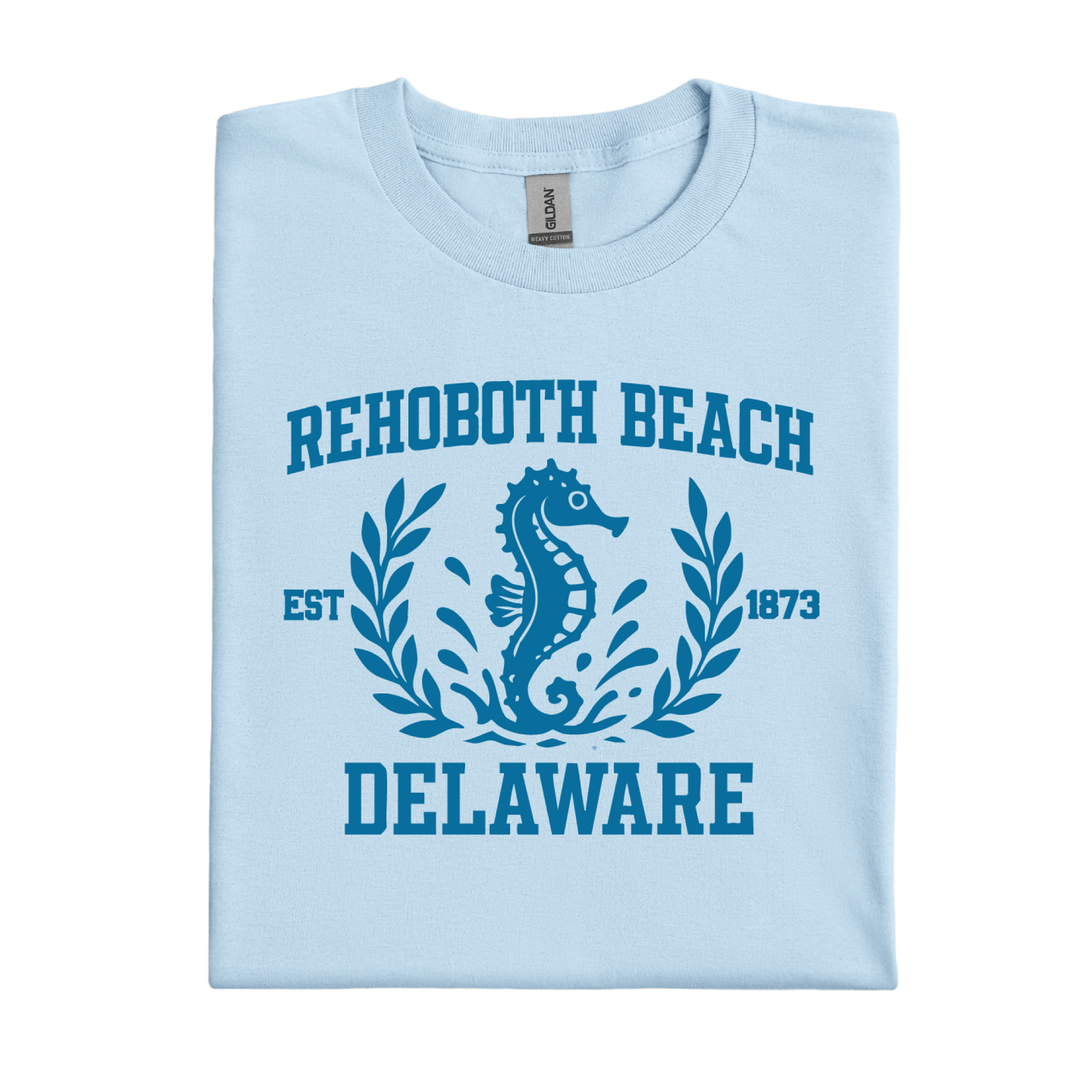Light blue t-shirt with Rehoboth Beach, Delaware design featuring a seahorse.