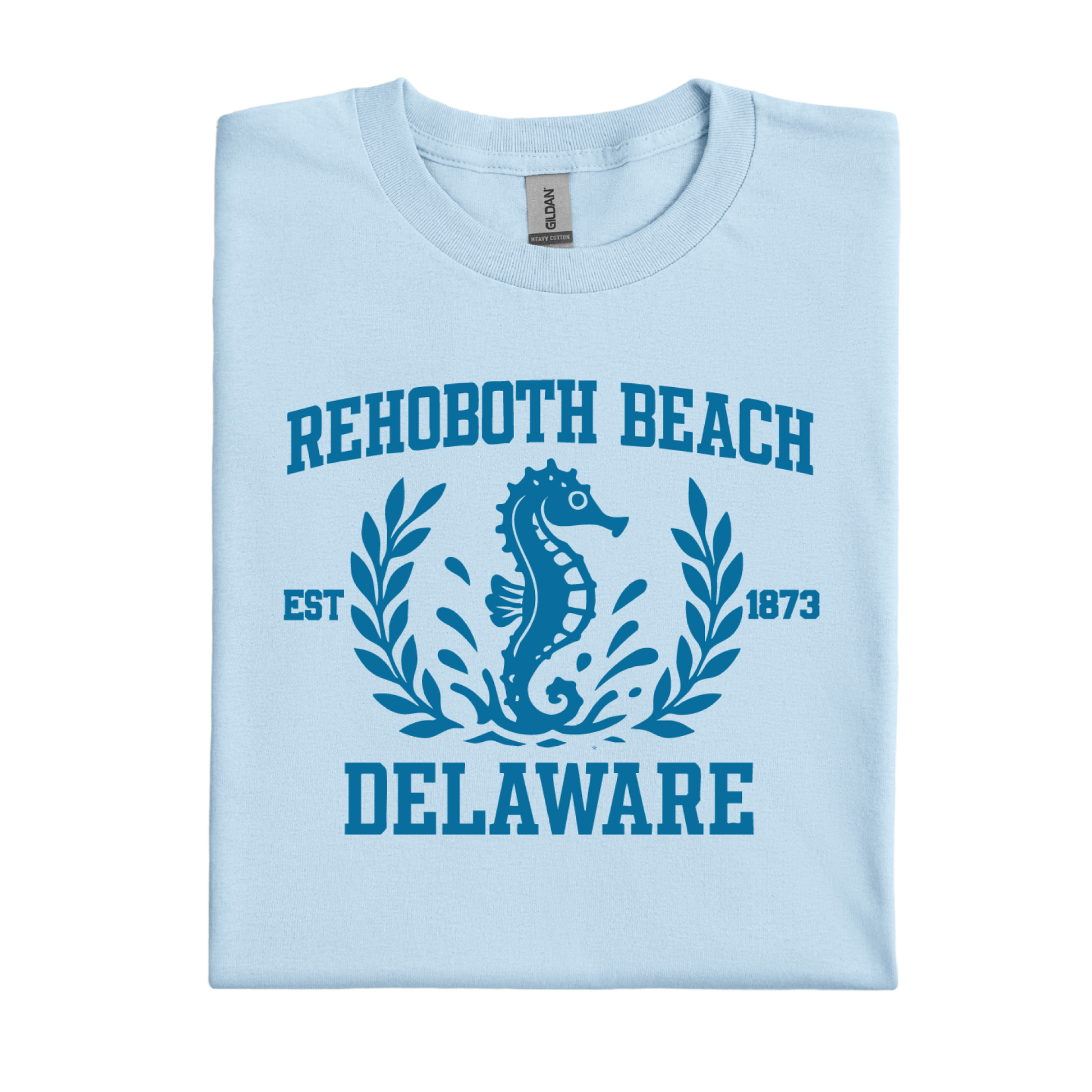 Light blue t-shirt with Rehoboth Beach, Delaware design featuring a seahorse.