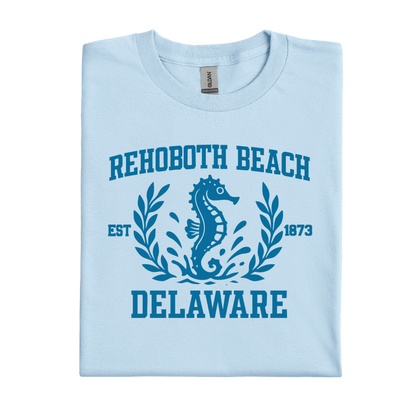 Light blue t-shirt with Rehoboth Beach, Delaware design featuring a seahorse.