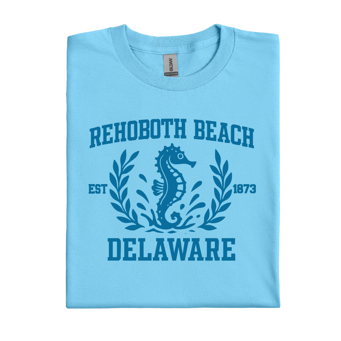 Sky blue t-shirt with Rehoboth Beach, Delaware design featuring a seahorse.
