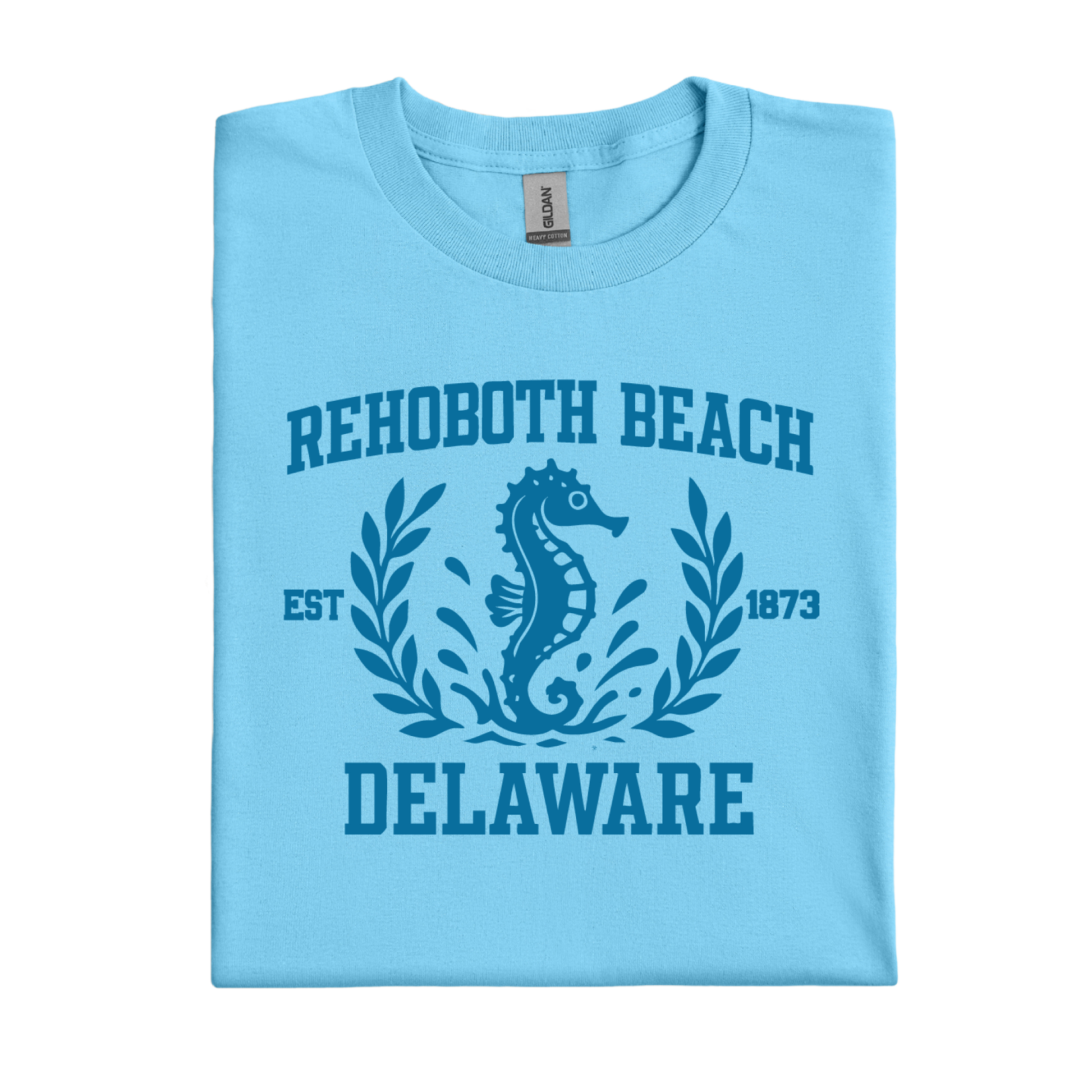 Sky blue t-shirt with Rehoboth Beach, Delaware design featuring a seahorse.
