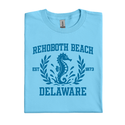 Sky blue t-shirt with Rehoboth Beach, Delaware design featuring a seahorse.