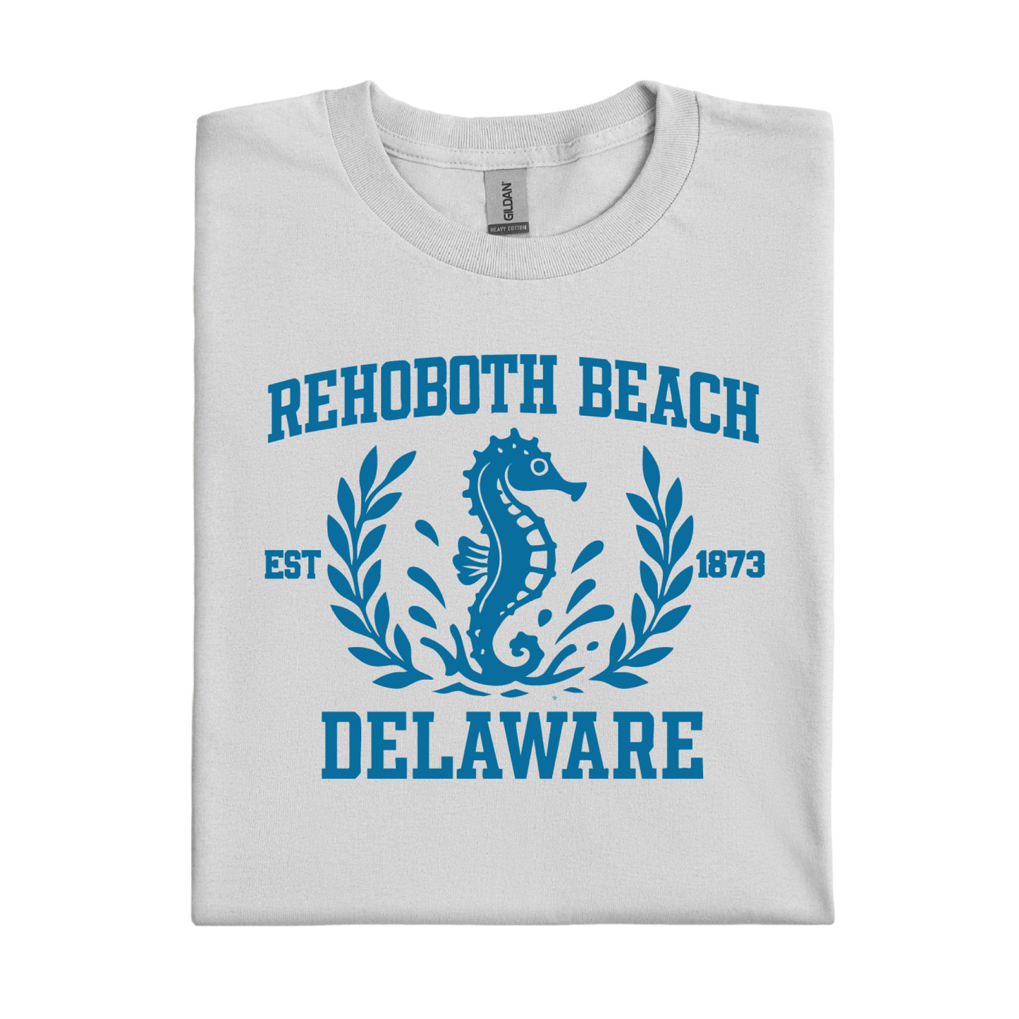 Ice Grey t-shirt with blue 'Rehoboth Beach Delaware' design featuring a seahorse.