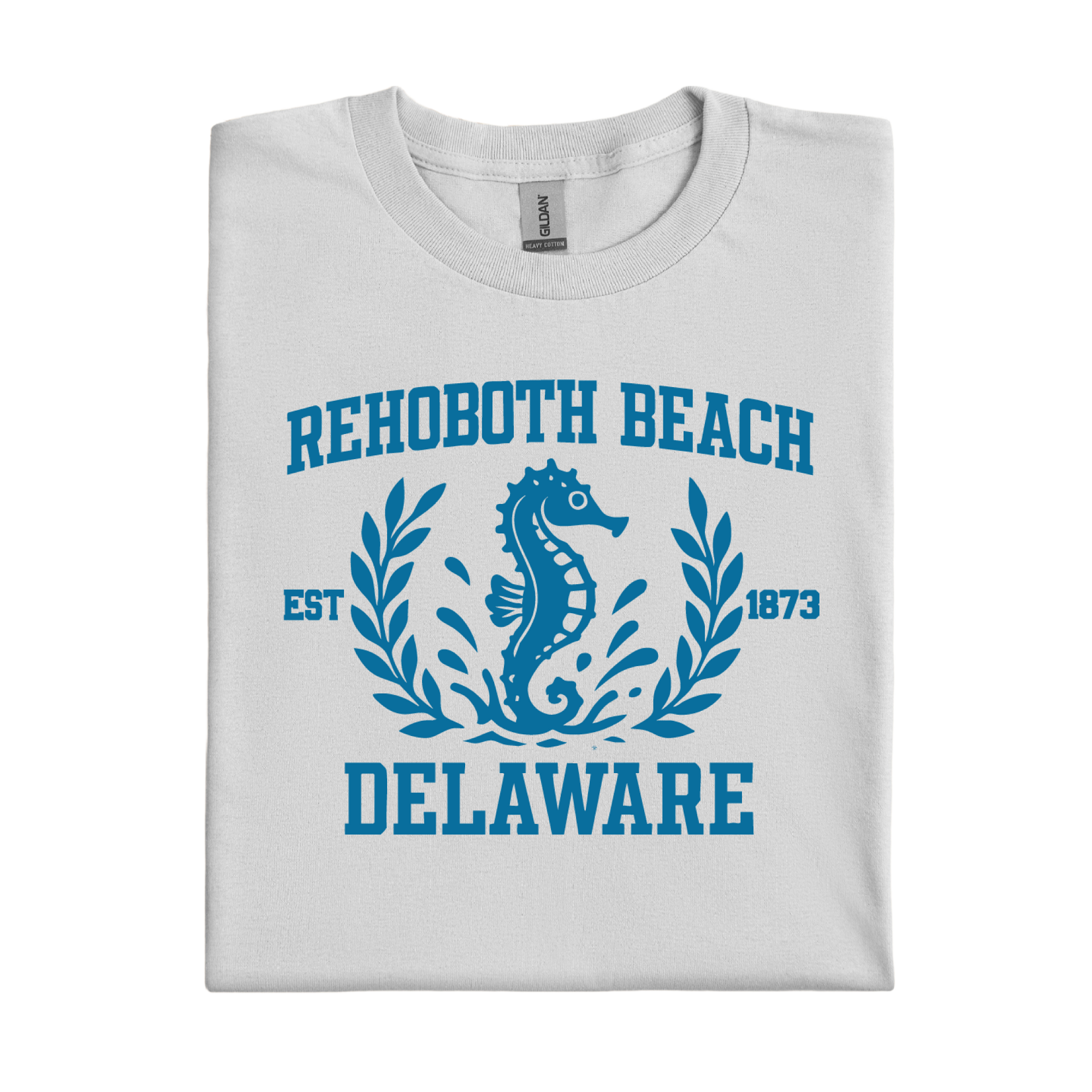 Ice Grey t-shirt with blue 'Rehoboth Beach Delaware' design featuring a seahorse.