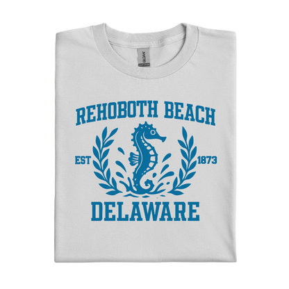 Ice Grey t-shirt with blue 'Rehoboth Beach Delaware' design featuring a seahorse.