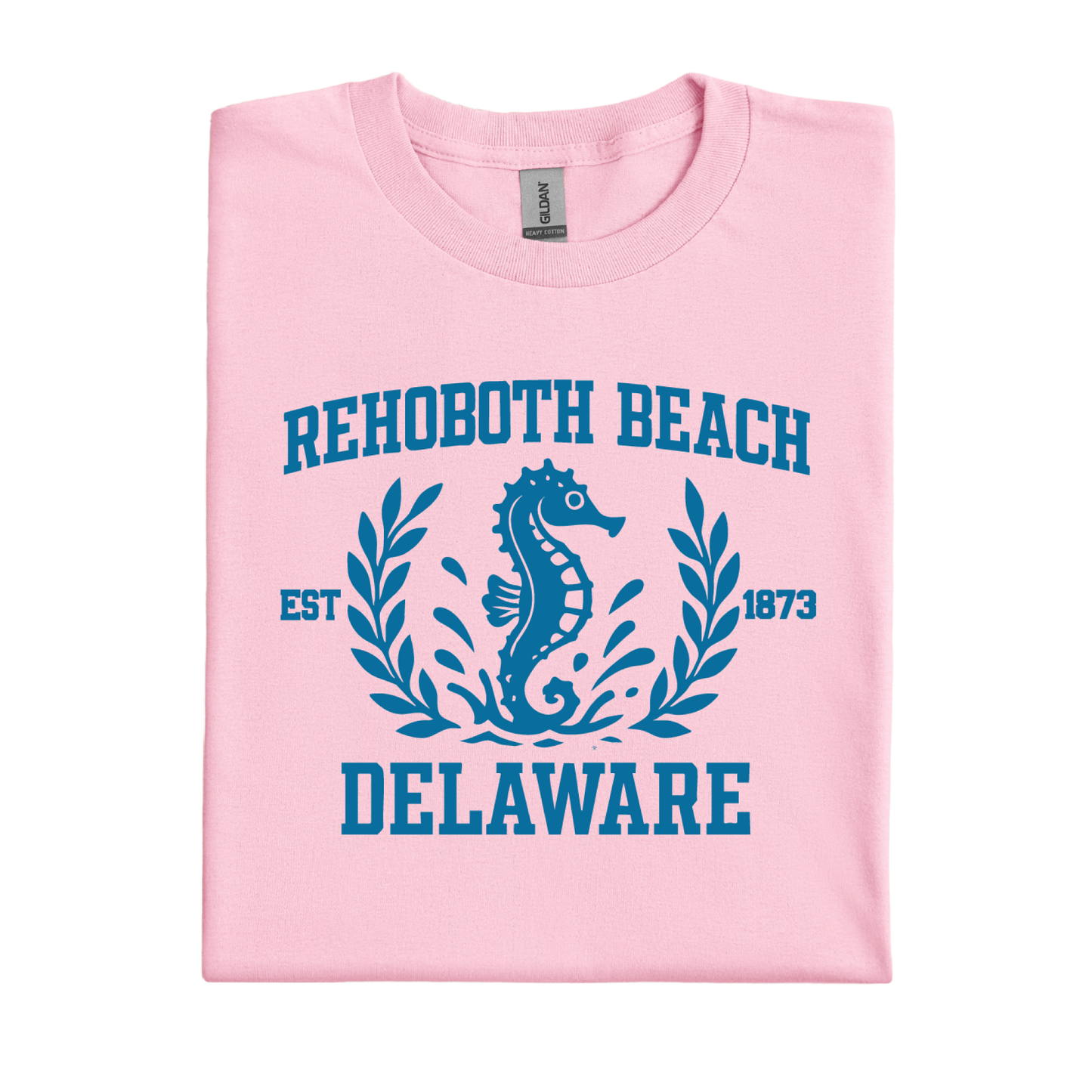Pink t-shirt with blue seahorse design and text on a white background