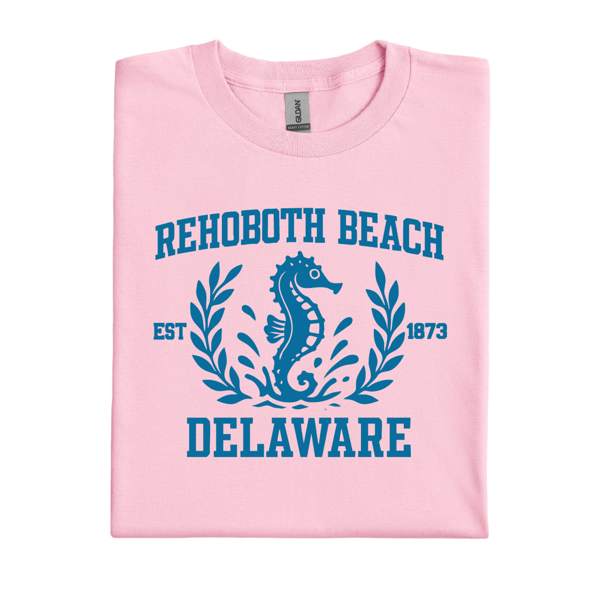 Pink t-shirt with blue seahorse design and text on a white background