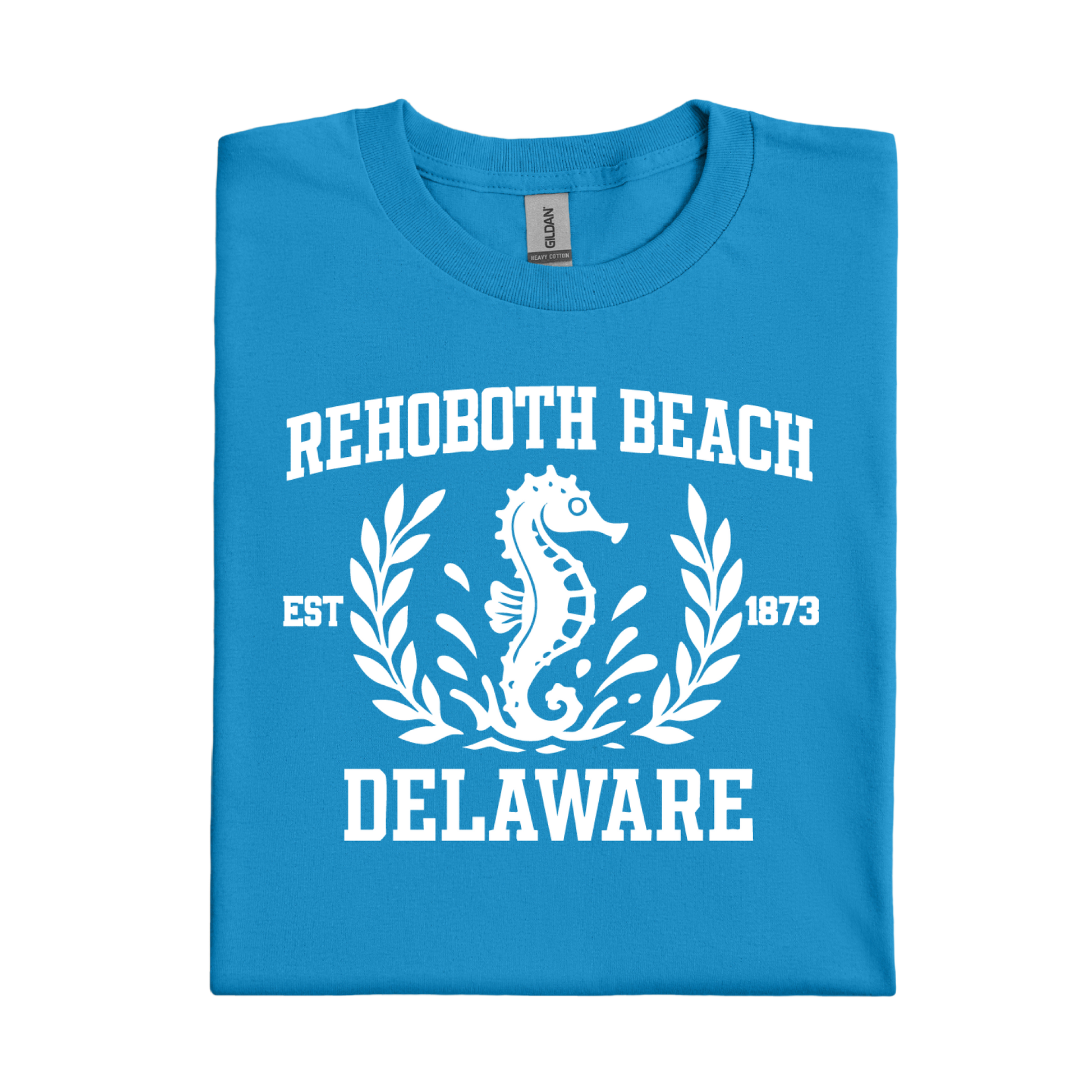 Sapphire Blue t-shirt with white seahorse design and text on a white background