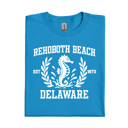 Sapphire Blue t-shirt with white seahorse design and text on a white background