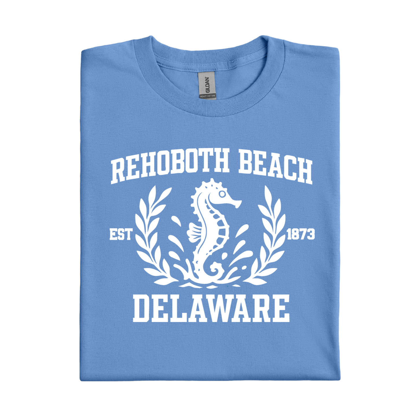 Carolina Blue t-shirt with white seahorse design and text on a white background