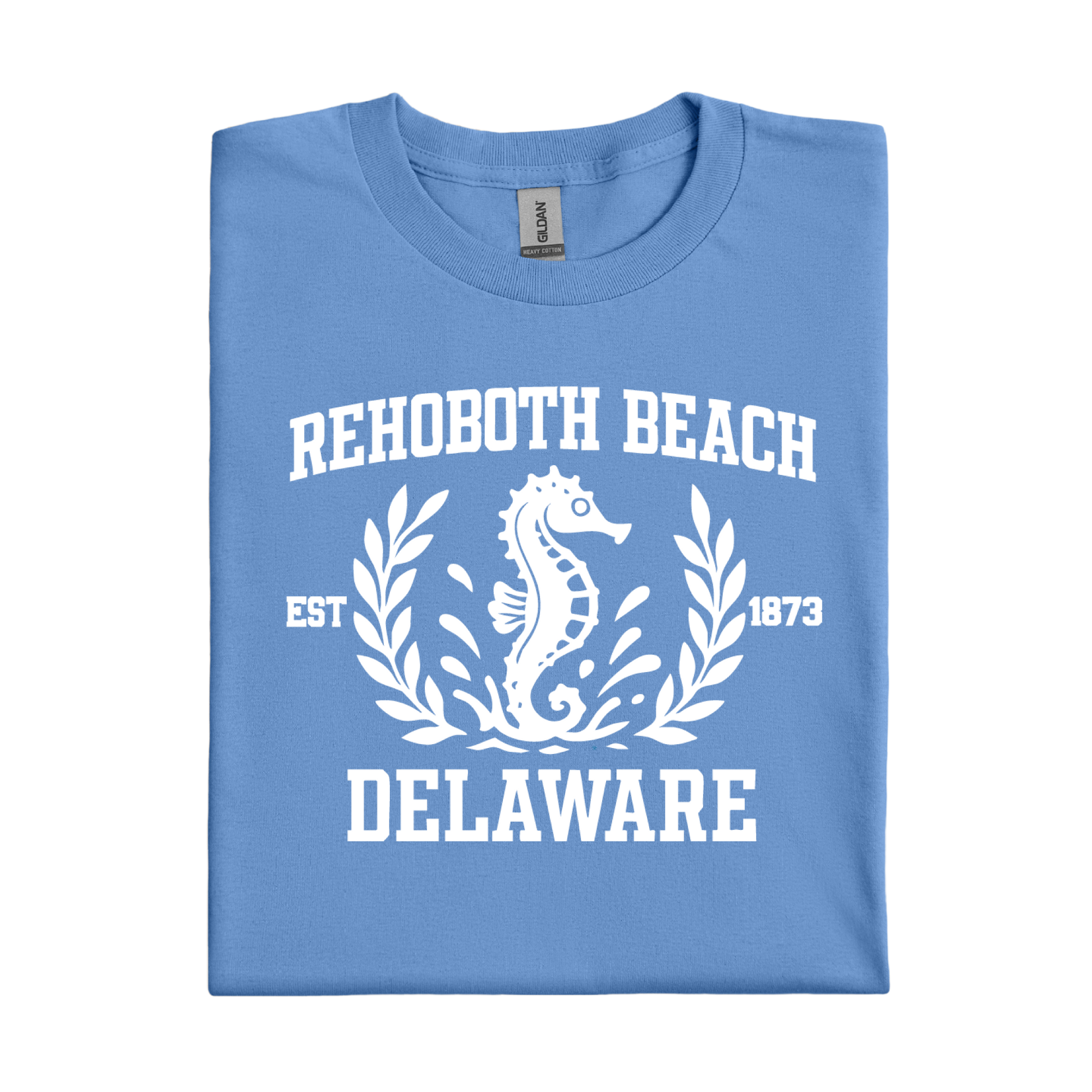 Carolina Blue t-shirt with white seahorse design and text on a white background