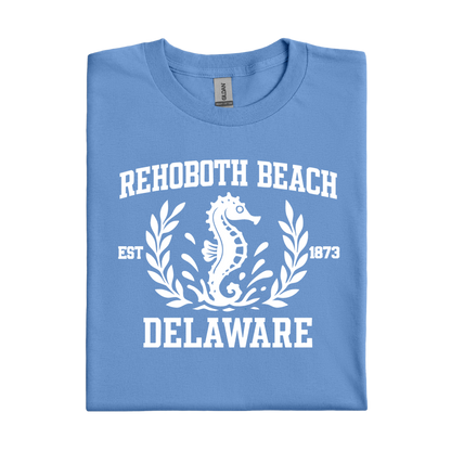 Carolina Blue t-shirt with white seahorse design and text on a white background