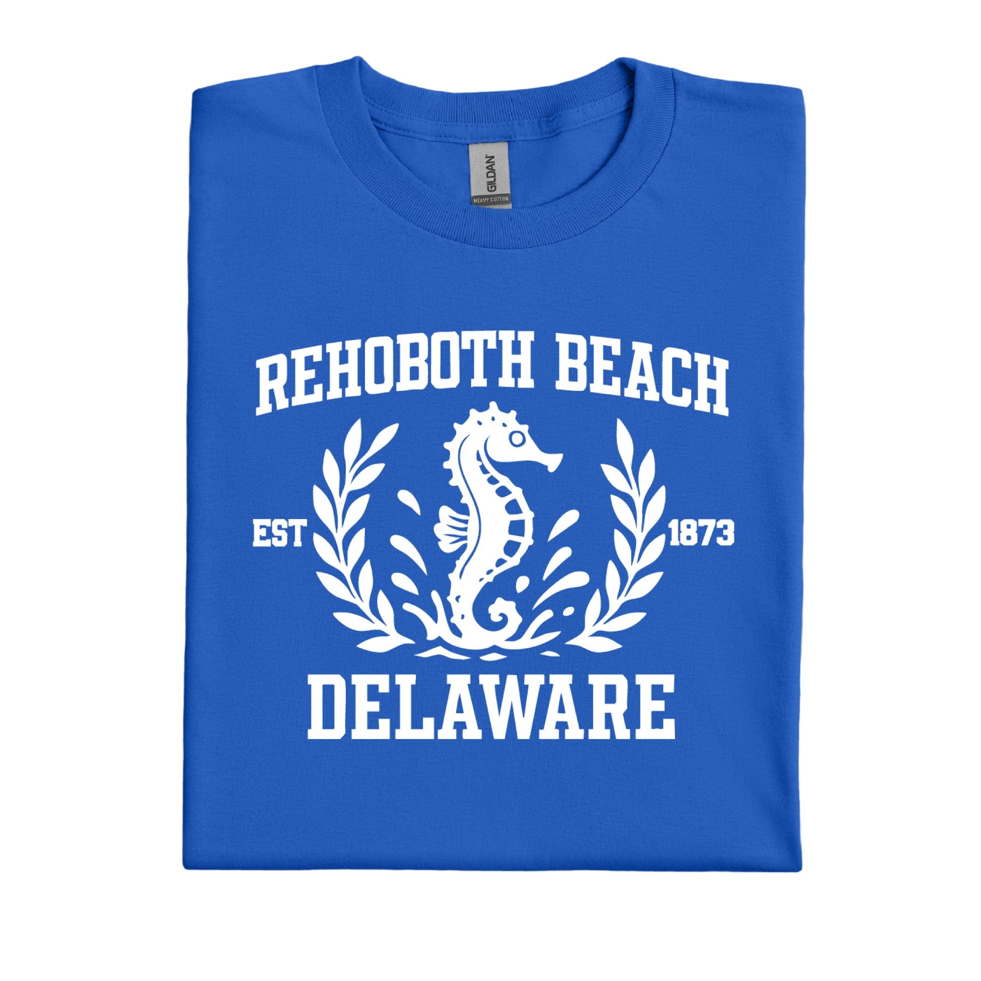 Royal Blue t-shirt with white text and seahorse design on a white background