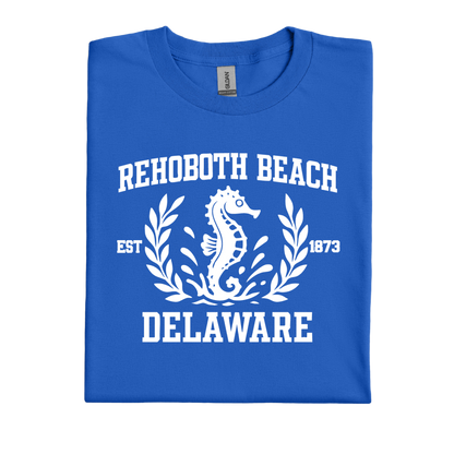Royal Blue t-shirt with white text and seahorse design on a white background