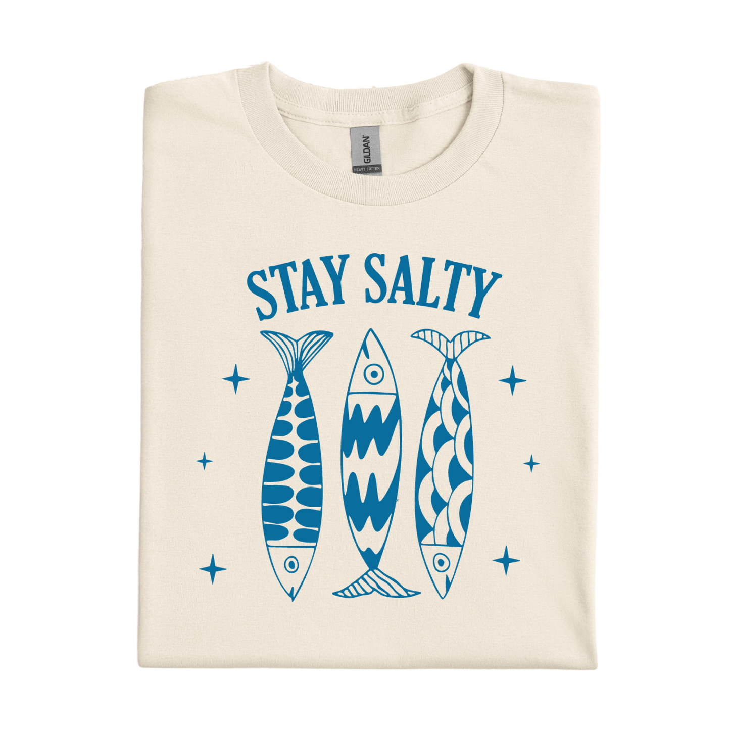 Natural colored t-shirt with blue fish illustrations and 'Stay Salty' text on a white background