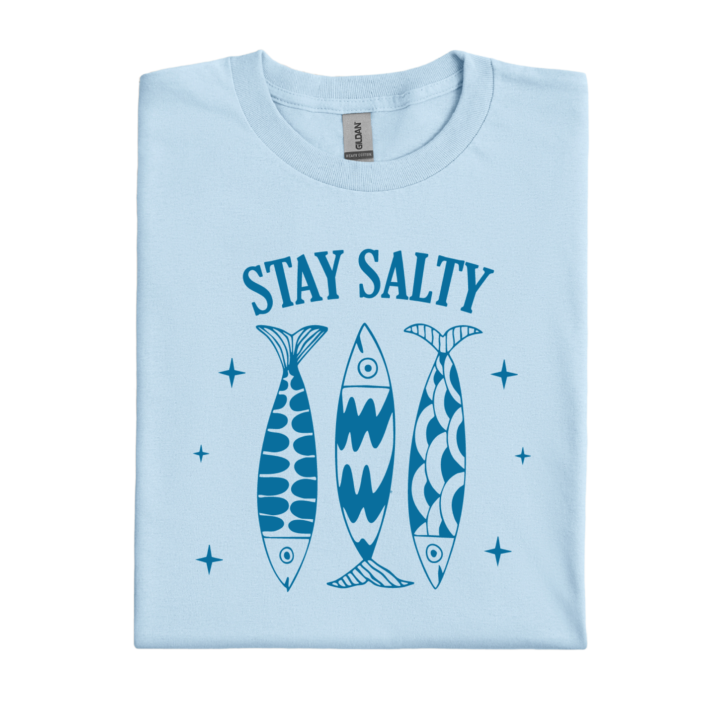 Light blue t-shirt with 'Stay Salty' text and fish illustrations on a white background