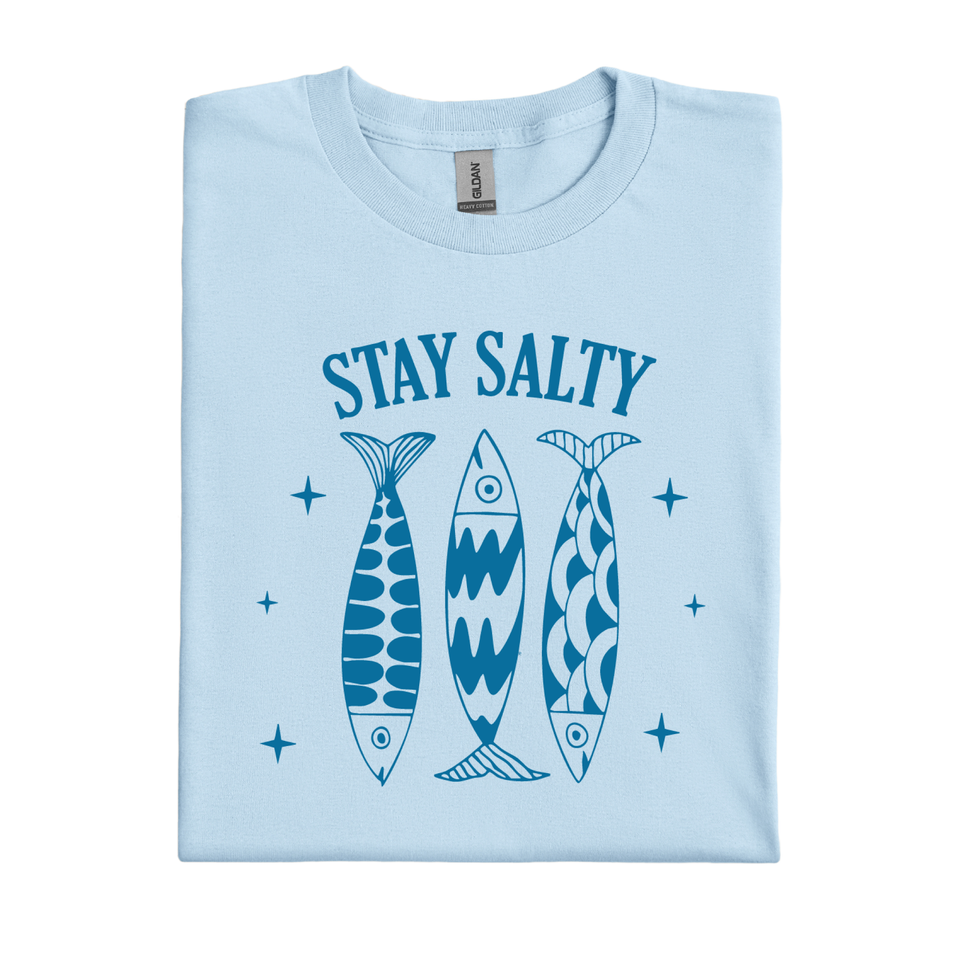 Light blue t-shirt with 'Stay Salty' text and fish illustrations on a white background