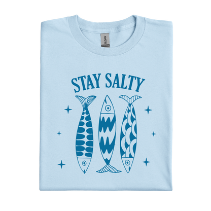 Light blue t-shirt with 'Stay Salty' text and fish illustrations on a white background