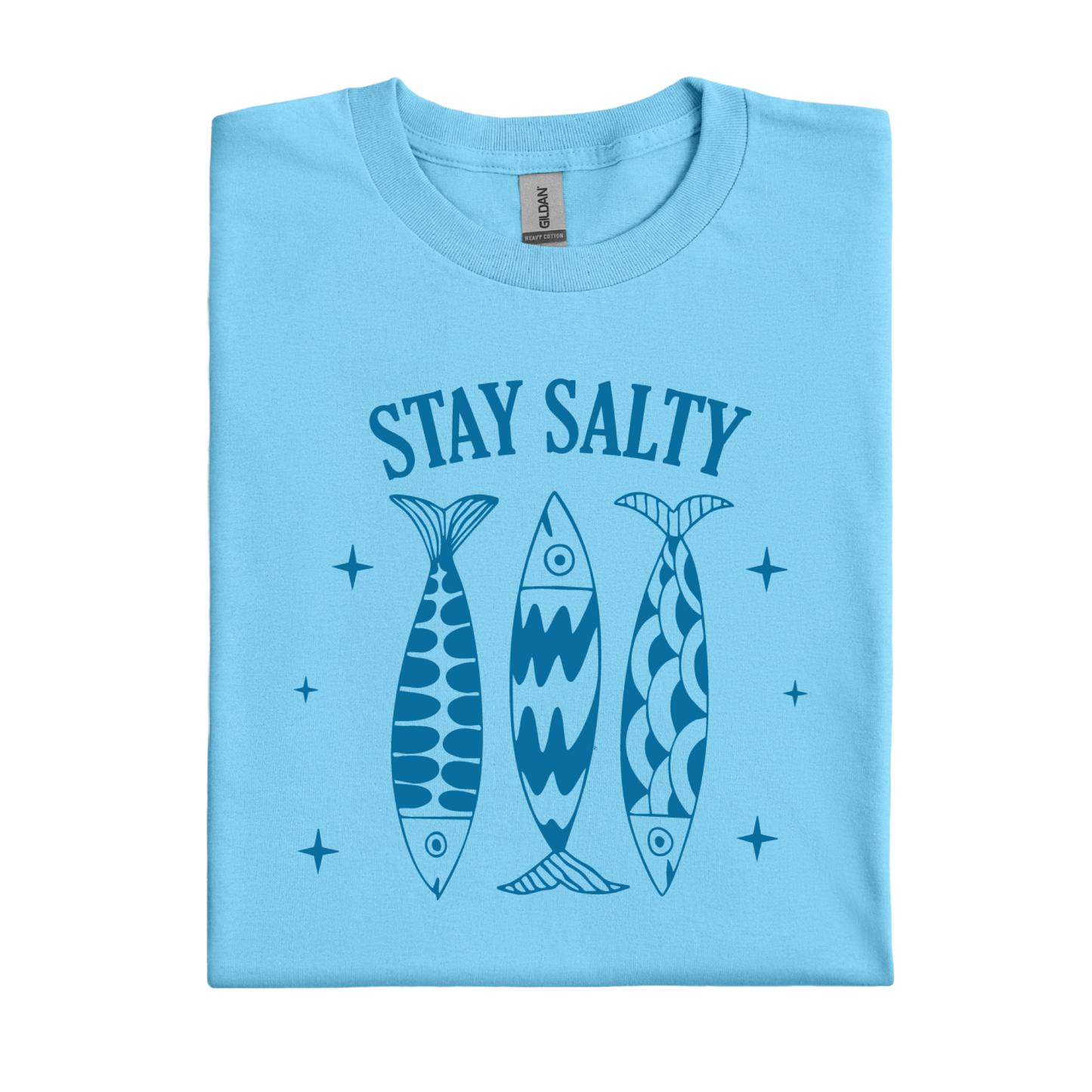 Ocean blue t-shirt with 'Stay Salty' text and fish illustrations on a white background