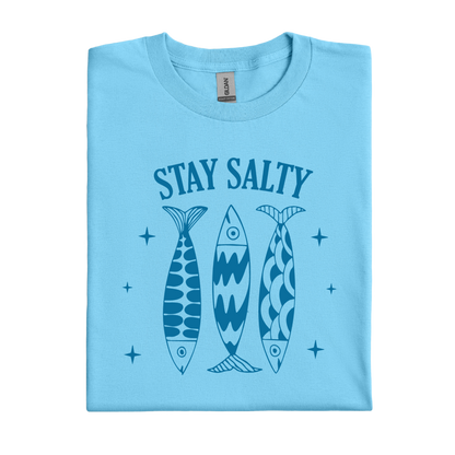 Ocean blue t-shirt with 'Stay Salty' text and fish illustrations on a white background
