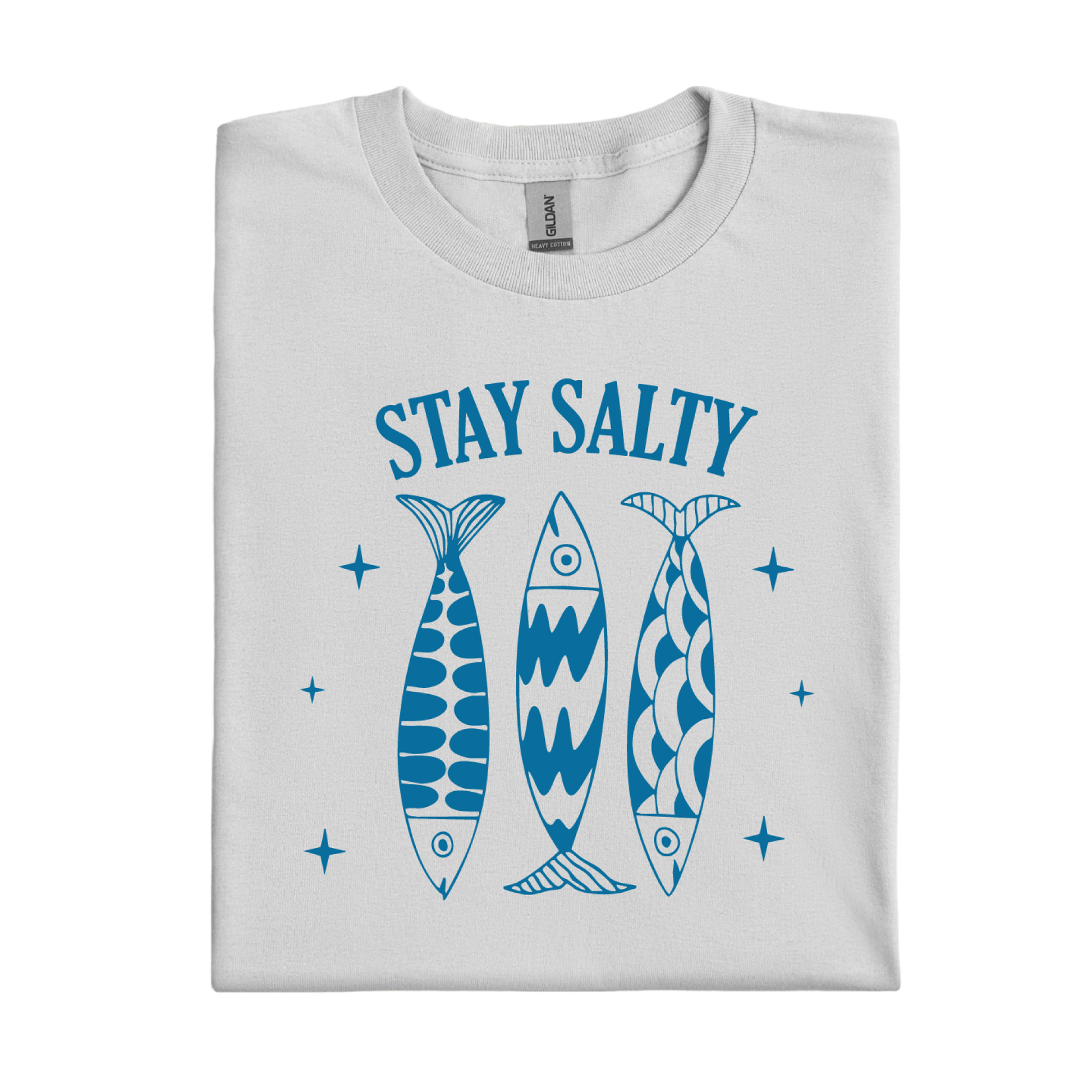 Ice Grey t-shirt with blue fish illustrations and 'Stay Salty' text on a white background