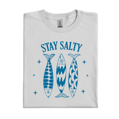 Ice Grey t-shirt with blue fish illustrations and 'Stay Salty' text on a white background
