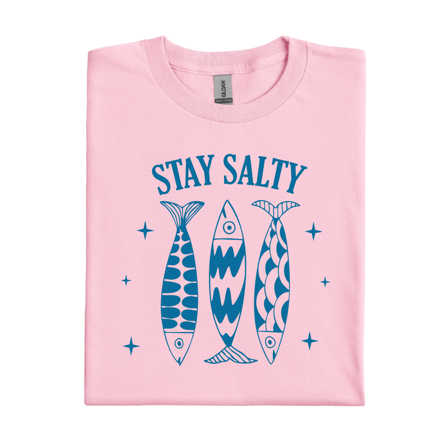 Light Pink t-shirt with blue fish graphics and 'Stay Salty' text on a white background