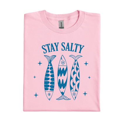Light Pink t-shirt with blue fish graphics and 'Stay Salty' text on a white background