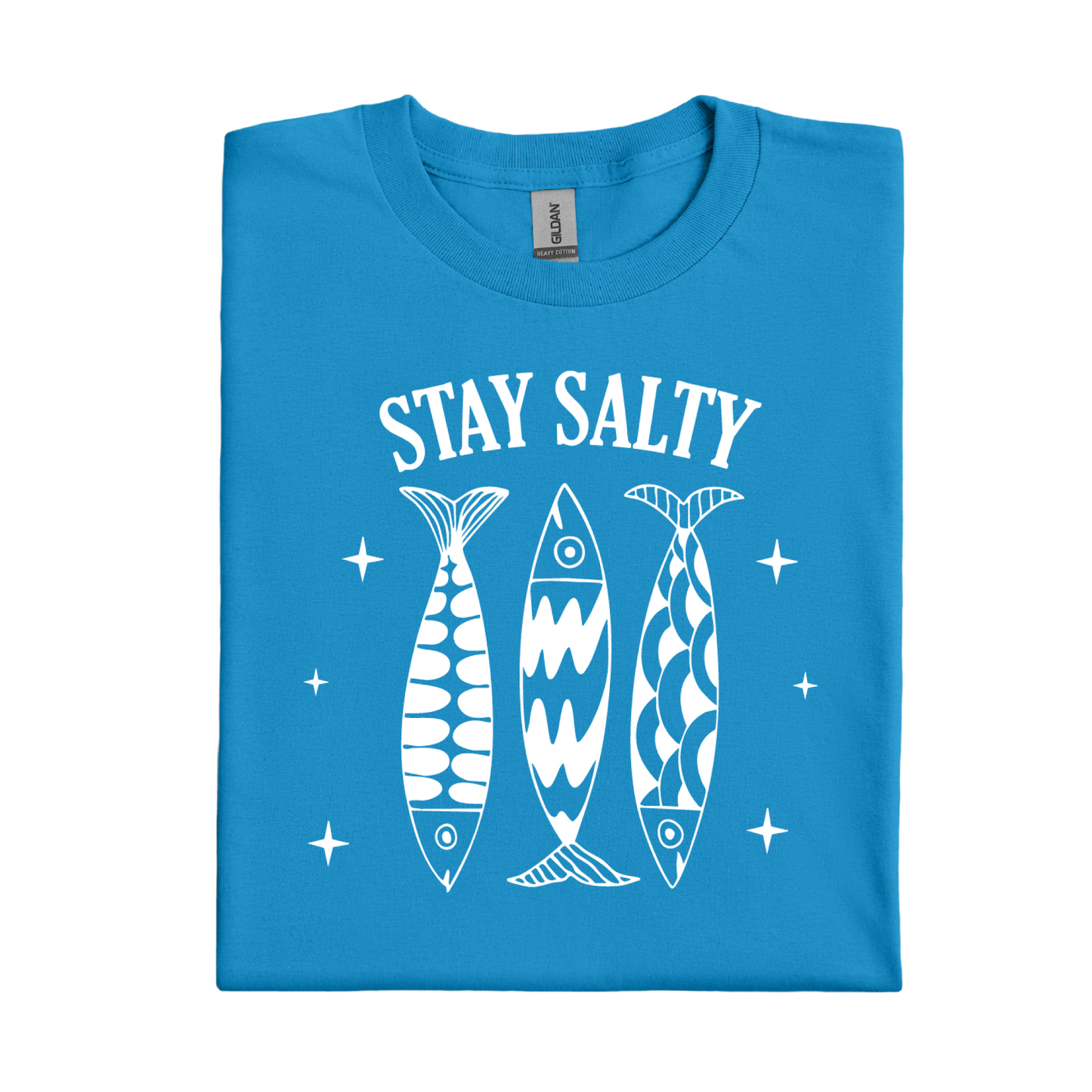 Sapphire t-shirt with 'Stay Salty' text and fish illustrations on a white background