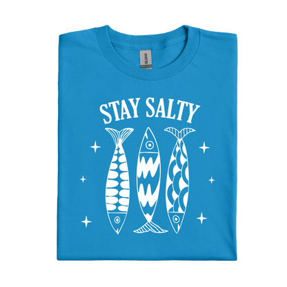Sapphire t-shirt with 'Stay Salty' text and fish illustrations on a white background