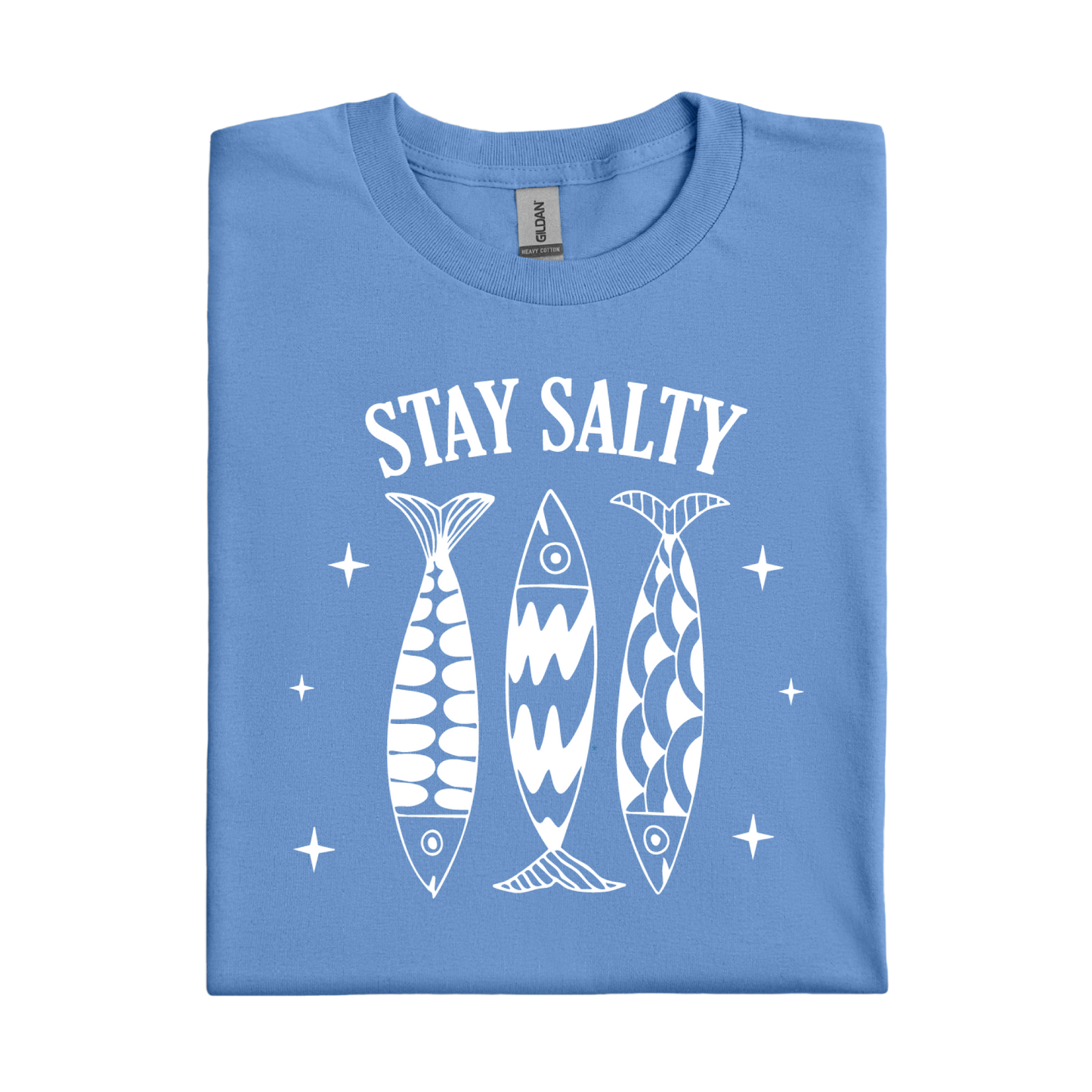 Carolina Blue t-shirt with 'Stay Salty' text and fish illustrations on a white background