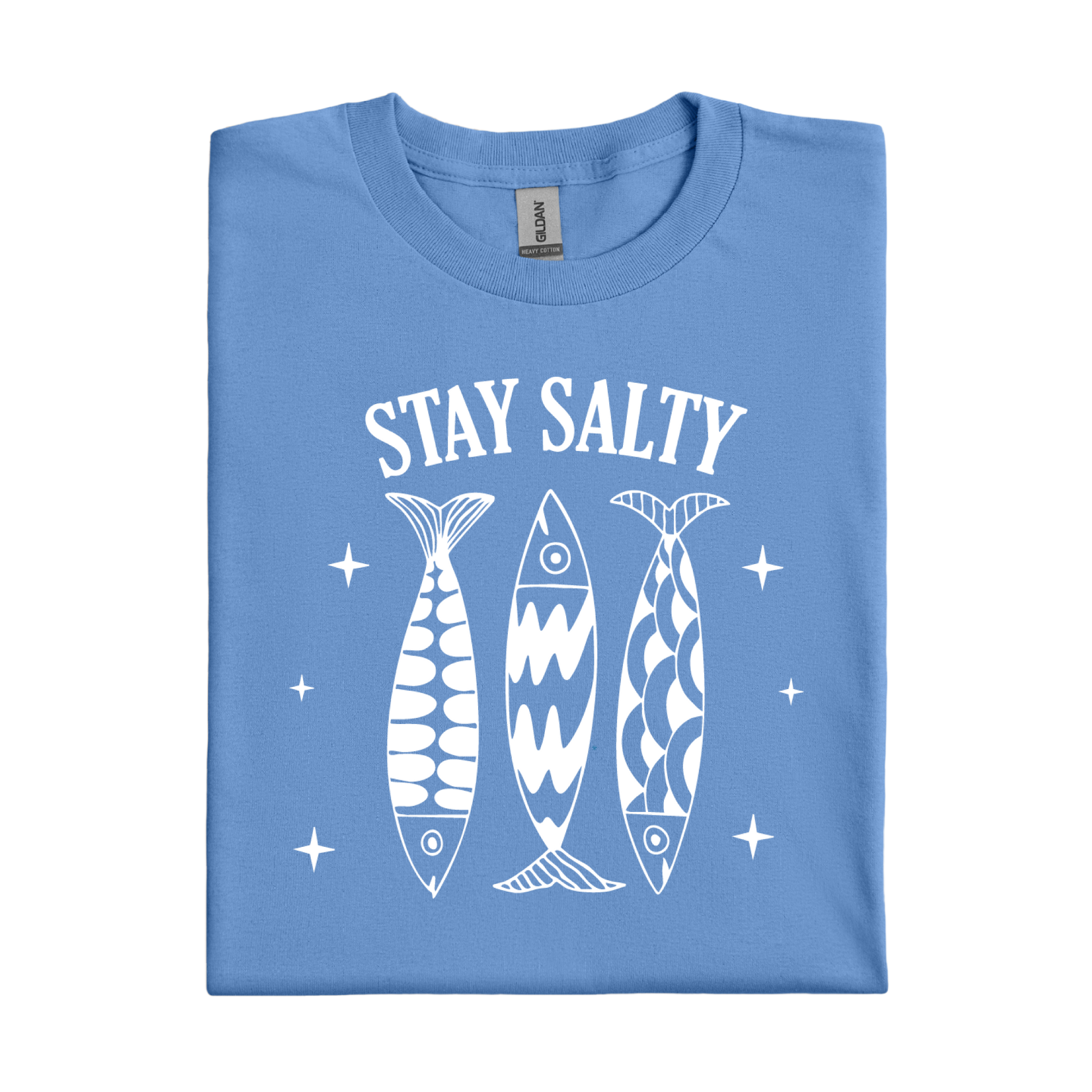 Carolina Blue t-shirt with 'Stay Salty' text and fish illustrations on a white background