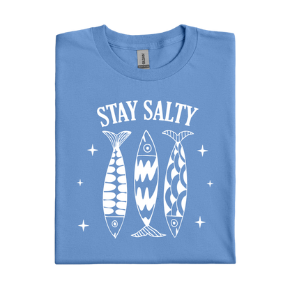 Carolina Blue t-shirt with 'Stay Salty' text and fish illustrations on a white background
