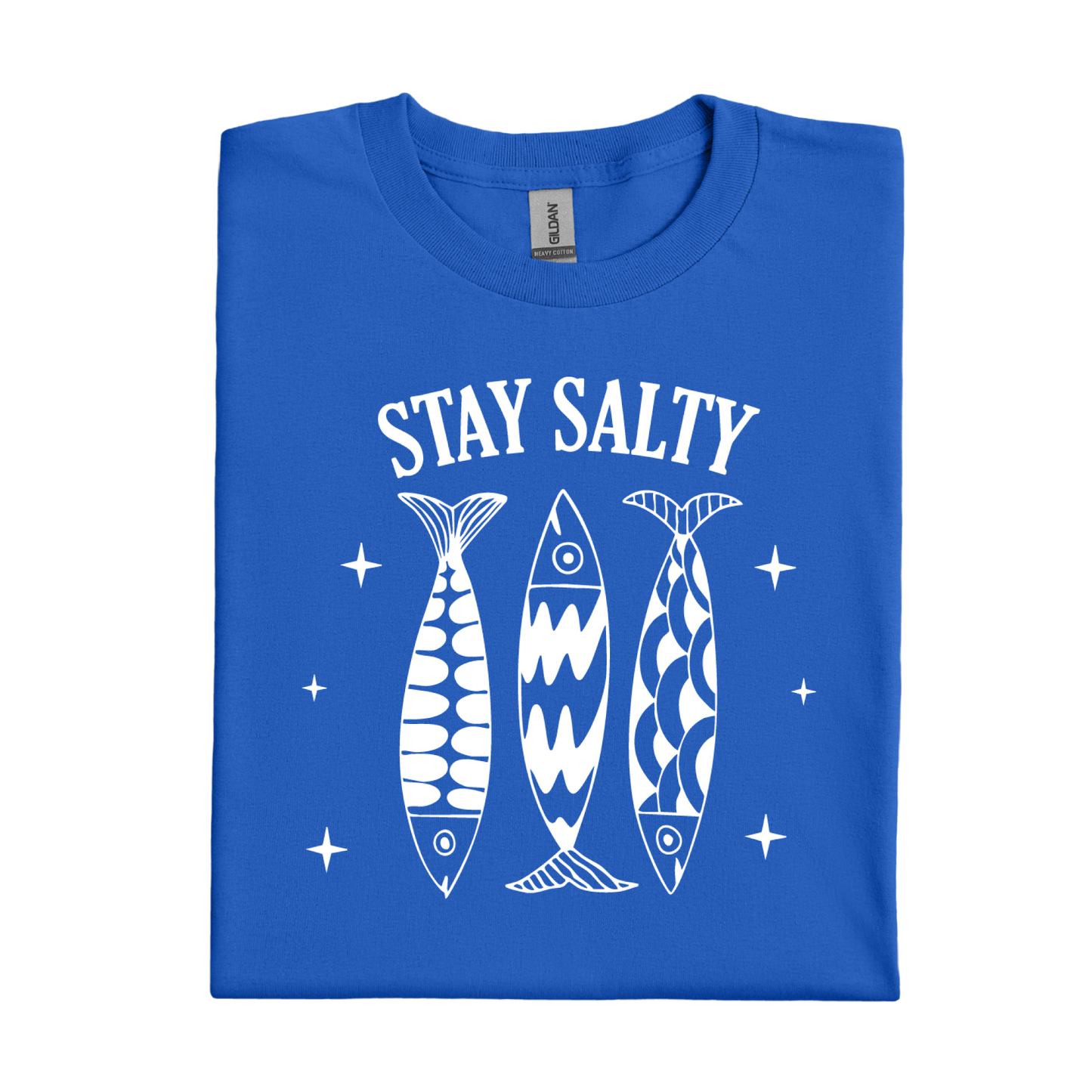 Royal Blue t-shirt with 'Stay Salty' text and fish illustrations on a white background