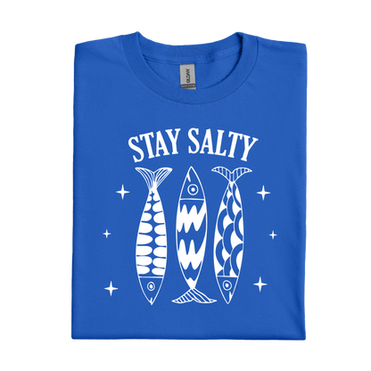 Royal Blue t-shirt with 'Stay Salty' text and fish illustrations on a white background