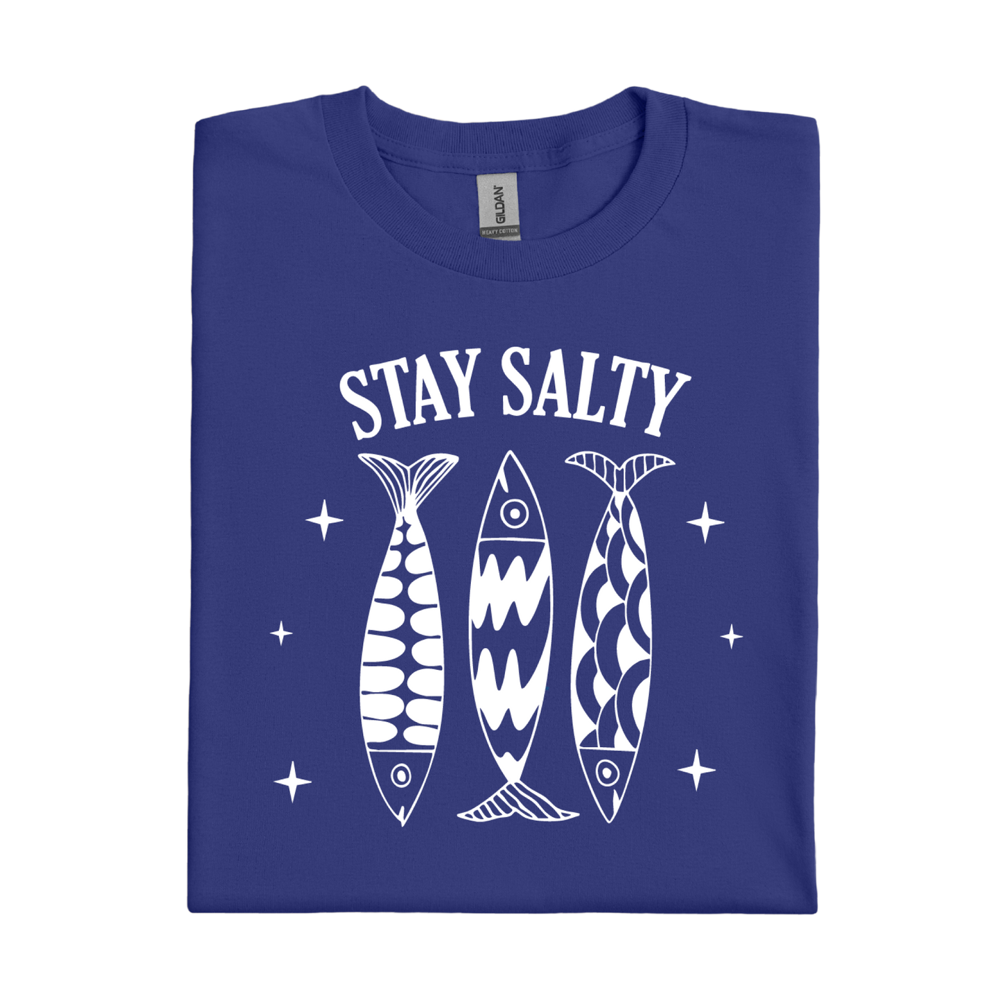 Cobalt Blue t-shirt with 'Stay Salty' text and fish graphics on a white background