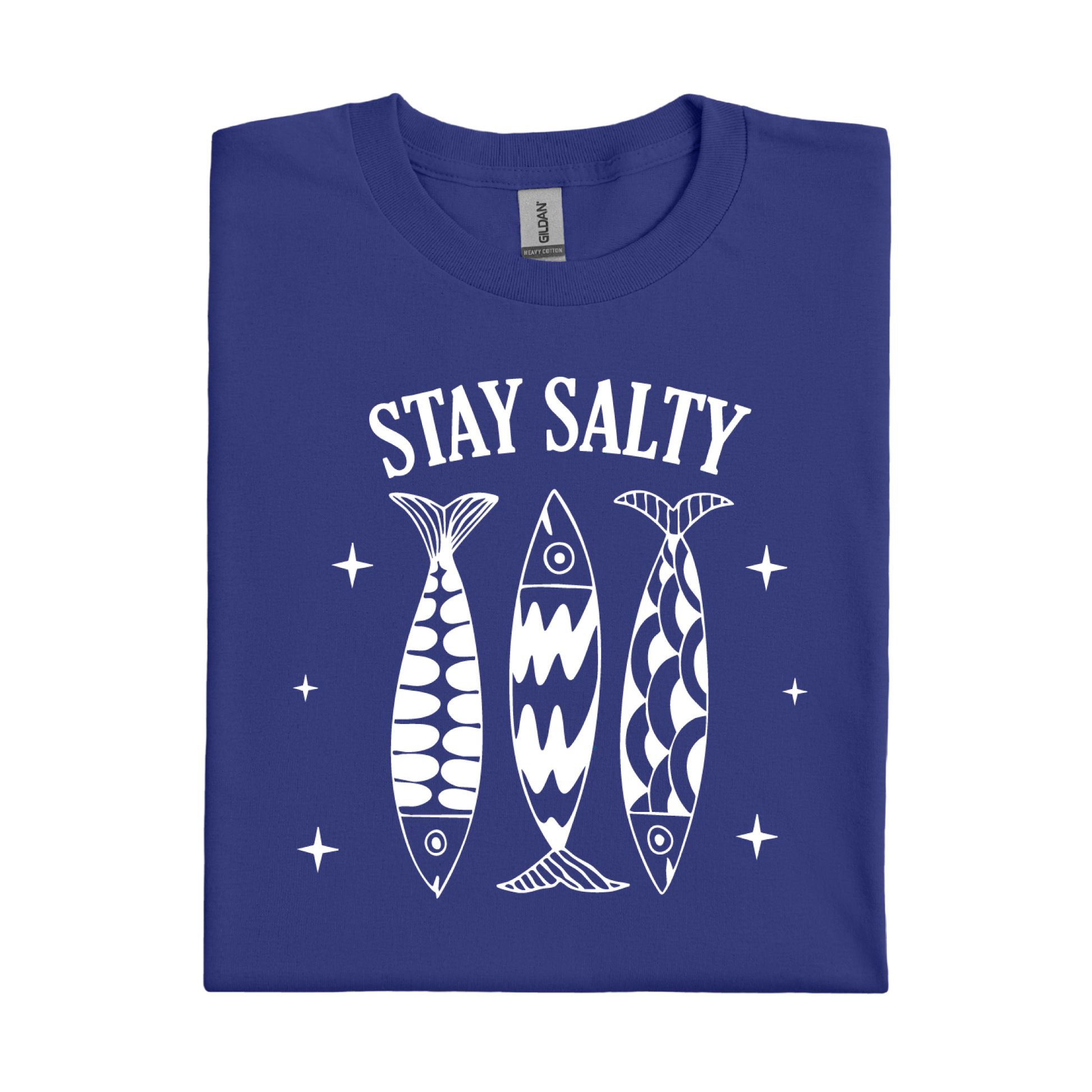 Cobalt Blue t-shirt with 'Stay Salty' text and fish graphics on a white background