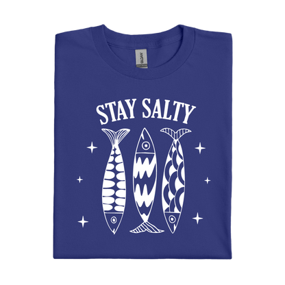 Cobalt Blue t-shirt with 'Stay Salty' text and fish graphics on a white background