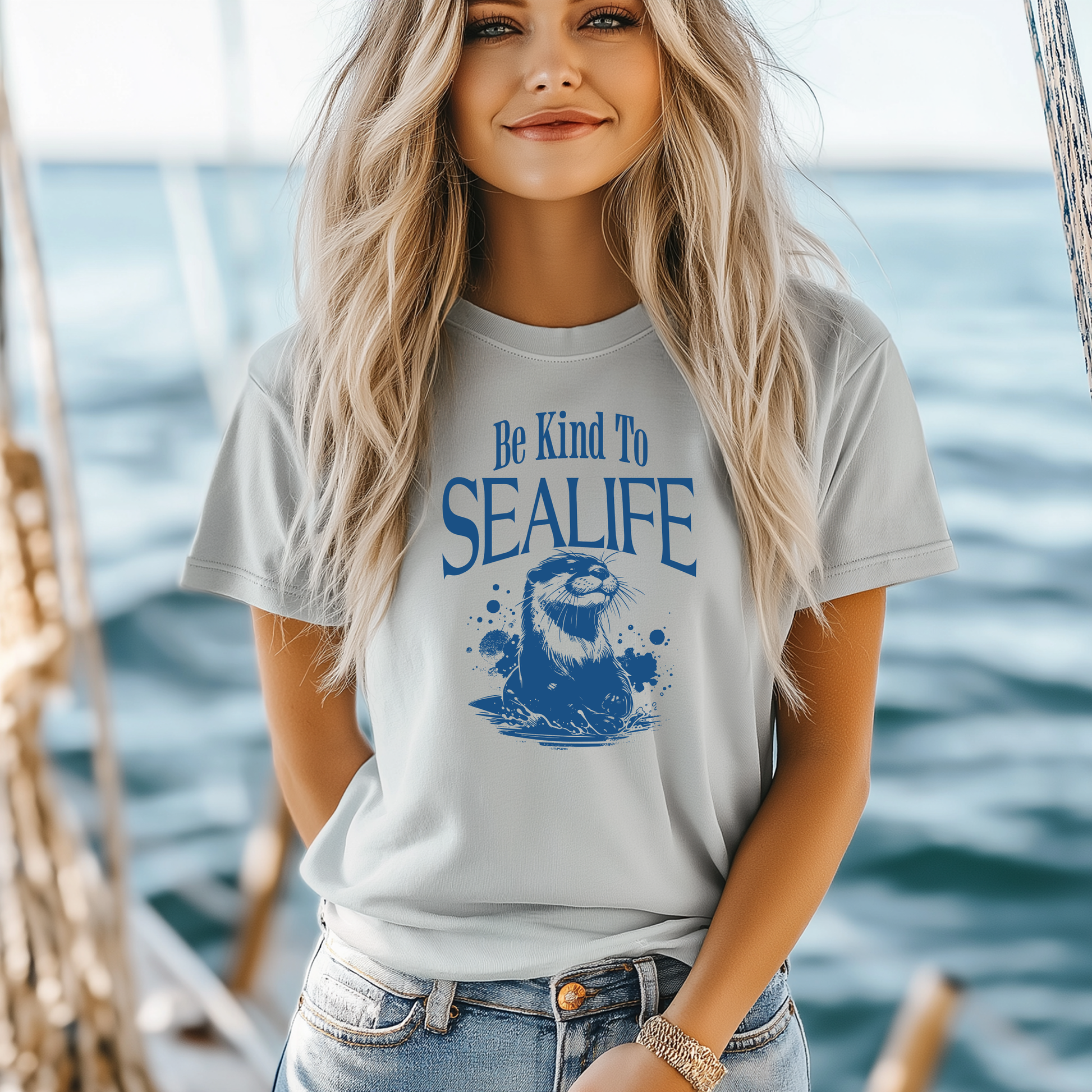 Gildan 5000 "Be Kind To Sealife" t shirt with a otter splashing in the water in a one color graphic. Picture of a girl standing on a boat in a t shirt.