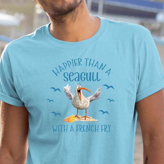 Person wearing a sky blue t-shirt with a seagull graphic and text.