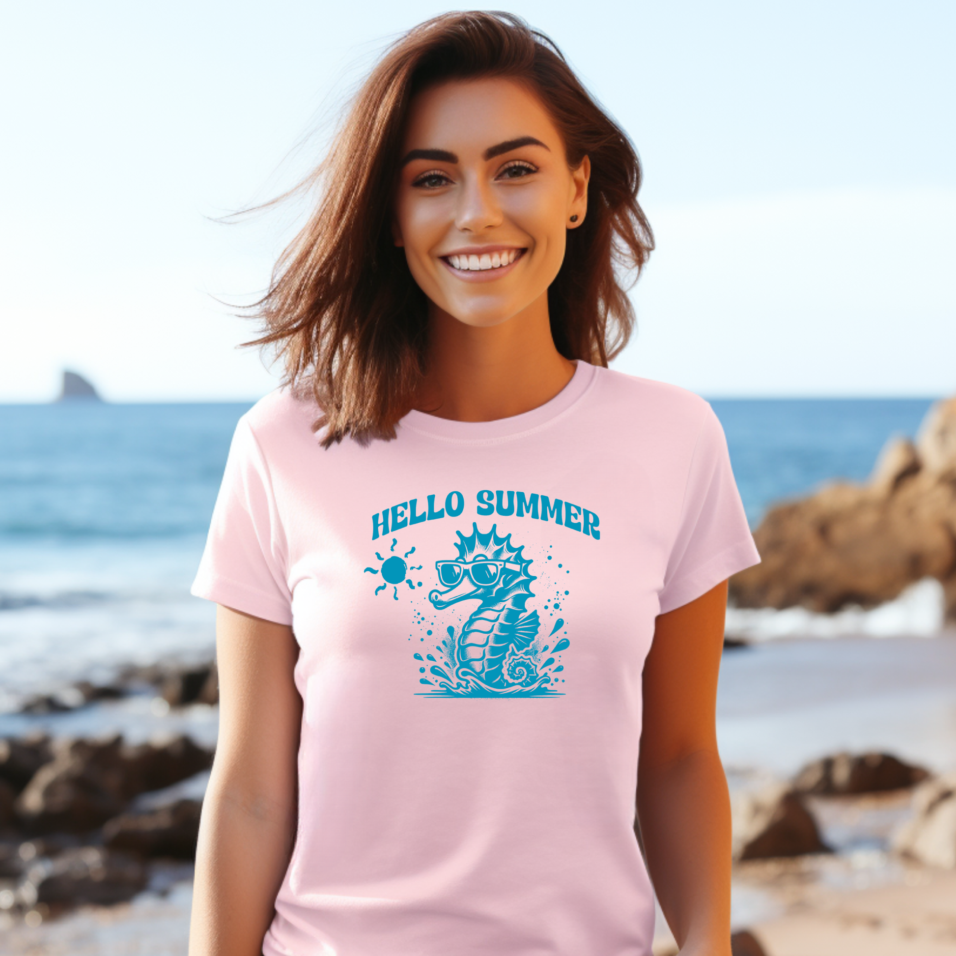 Gildan 5000 "Hello Summer" t shirt with a cute seahorse with sunglasses in one color graphics. Picture of a girl standing on the beach wearing a t shirt.