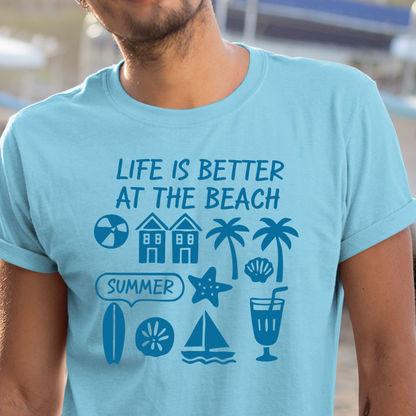 Person wearing a sky blue t-shirt with beach-themed graphics and text.
