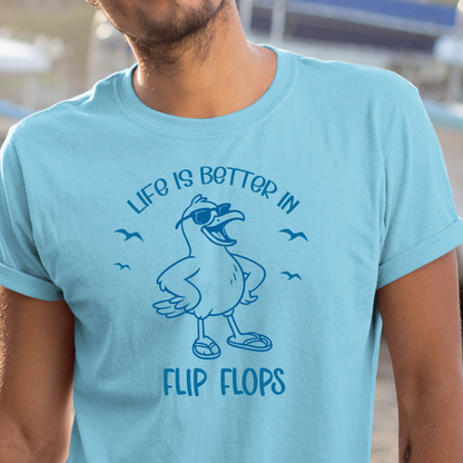 Person wearing a sky blue t-shirt with a cartoon seagull and text design.
